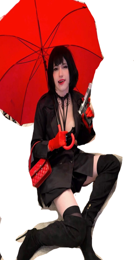 Mina with a red umbrella
